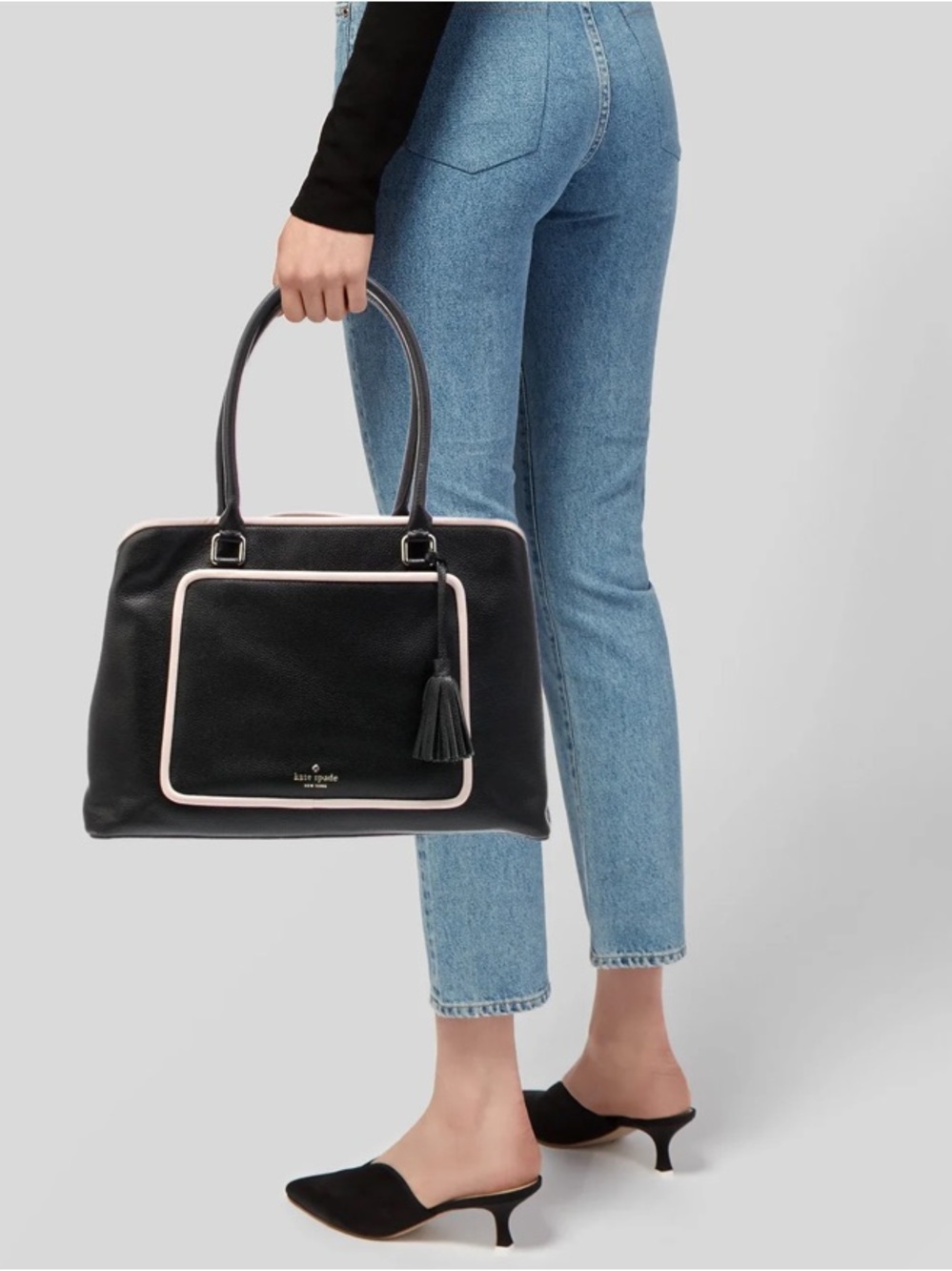 kate spade Black Leather Shoulder Bag with Cream Trim and Tassel
